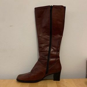 Maroon leather square-toe knee-high boots